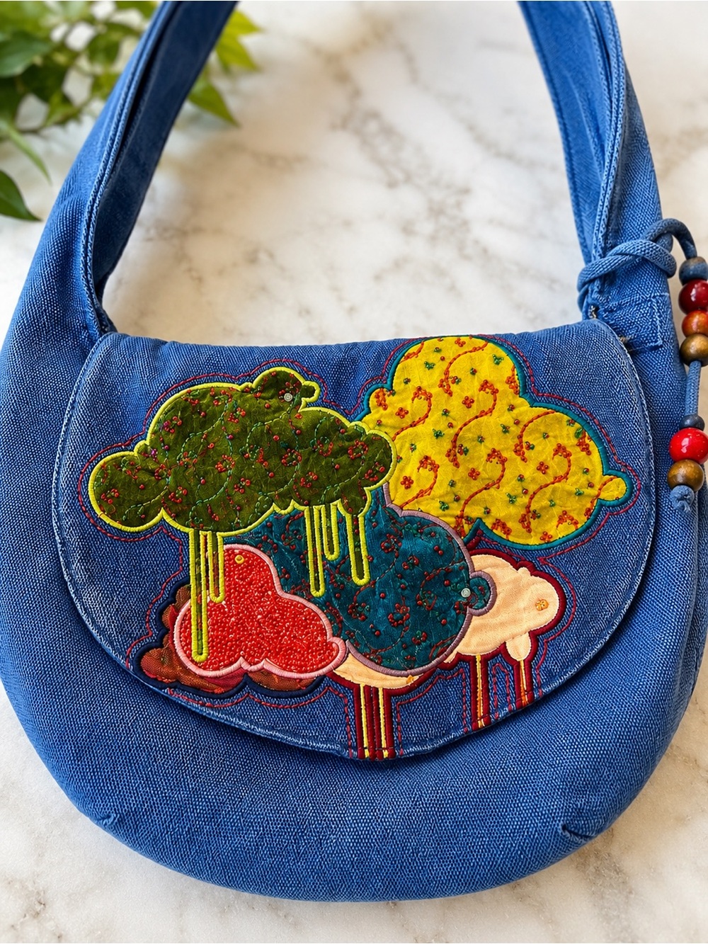Lupo Blue Embroidered Boho Hobo Bag Folk Art Trees Beaded Strap